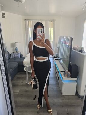 Zara Black Maxi Skirt with White Trim and Side Slit